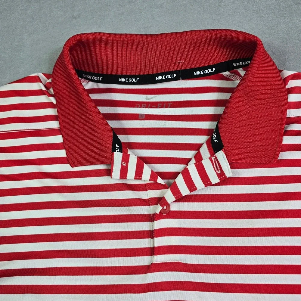 Nike Golf Polo Shirt Men Large Red White Striped DriFIT Short Sleeve Performance